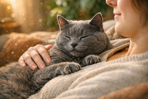 A relaxed cat purring contentedly while resting close to its owner, illustrating the calming and healing bond between cats and humans