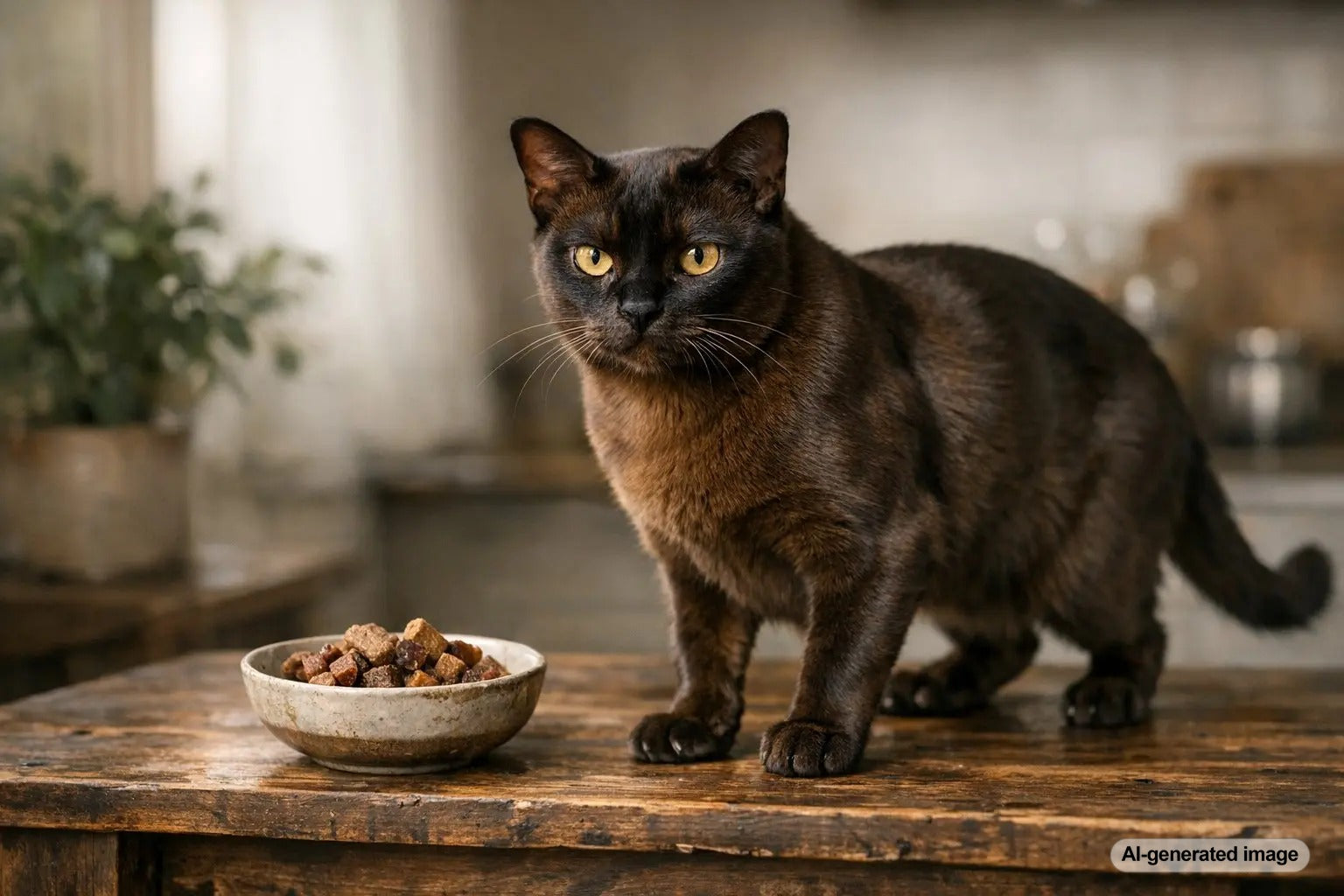 European Burmese cat standing with bright golden eyes