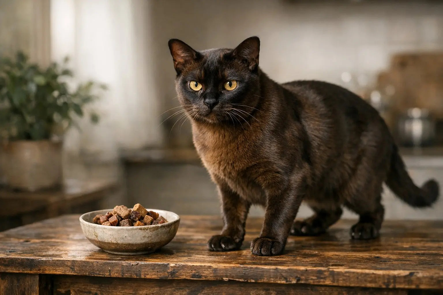 European Burmese cat standing with bright golden eyes