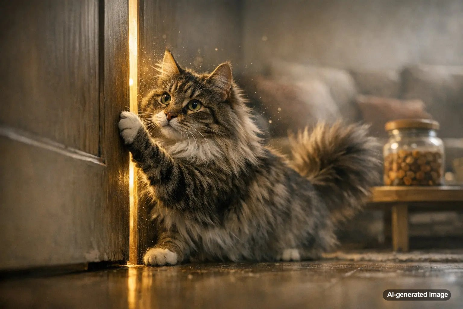 Curious cat pawing at a closed door indoors