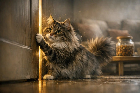 Curious cat pawing at a closed door indoors