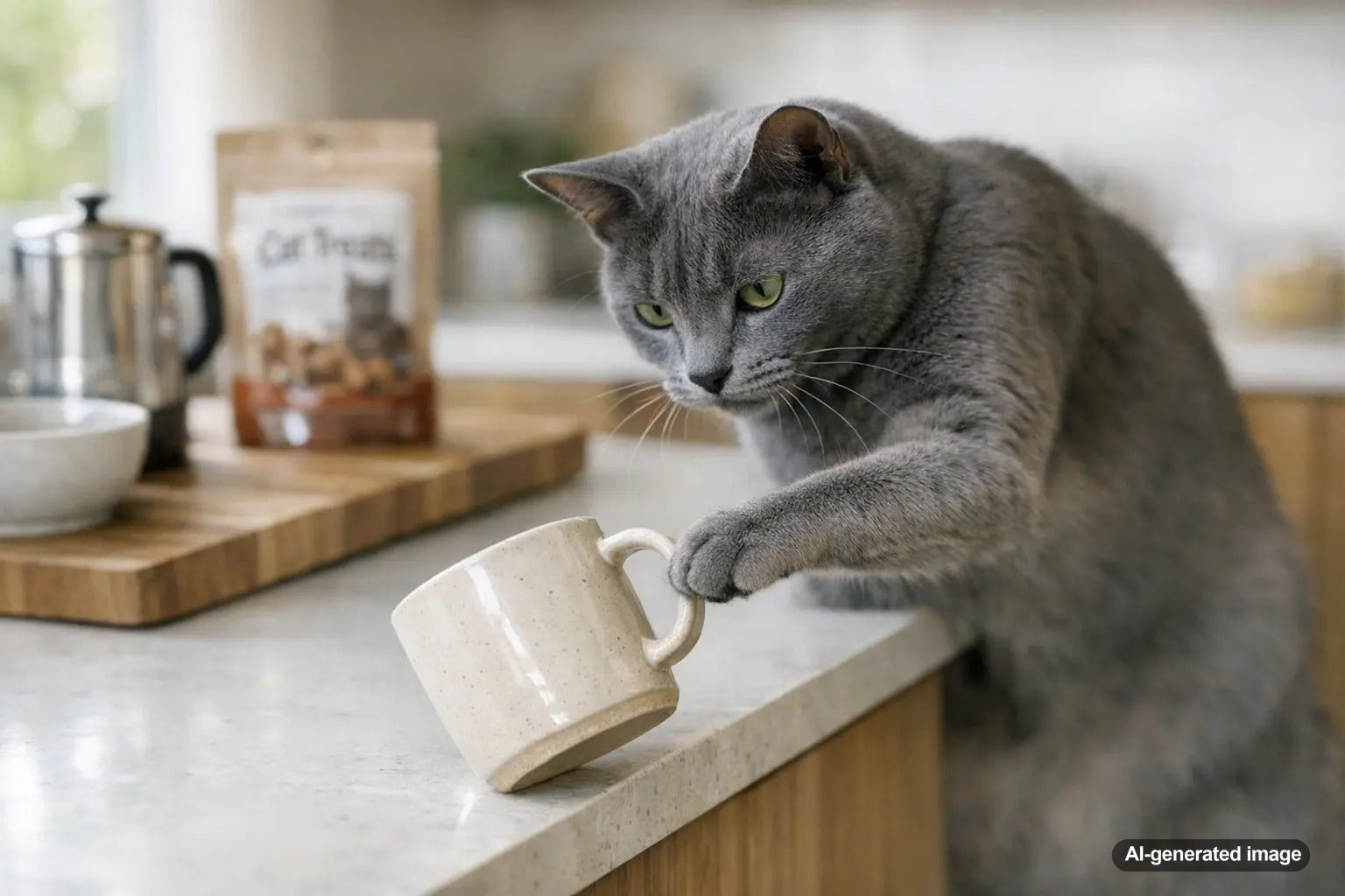 Curious cat knocking a fragile item off a table illustrating feline behavior