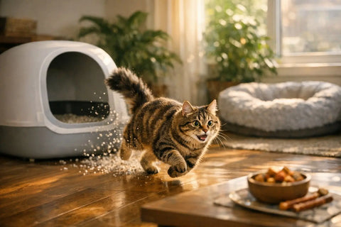 Cat sprinting away after using the litter box in a playful home setting