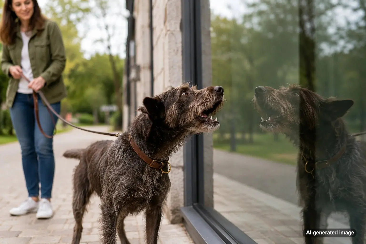 Curious dog noticing its own reflection in a mirror at home