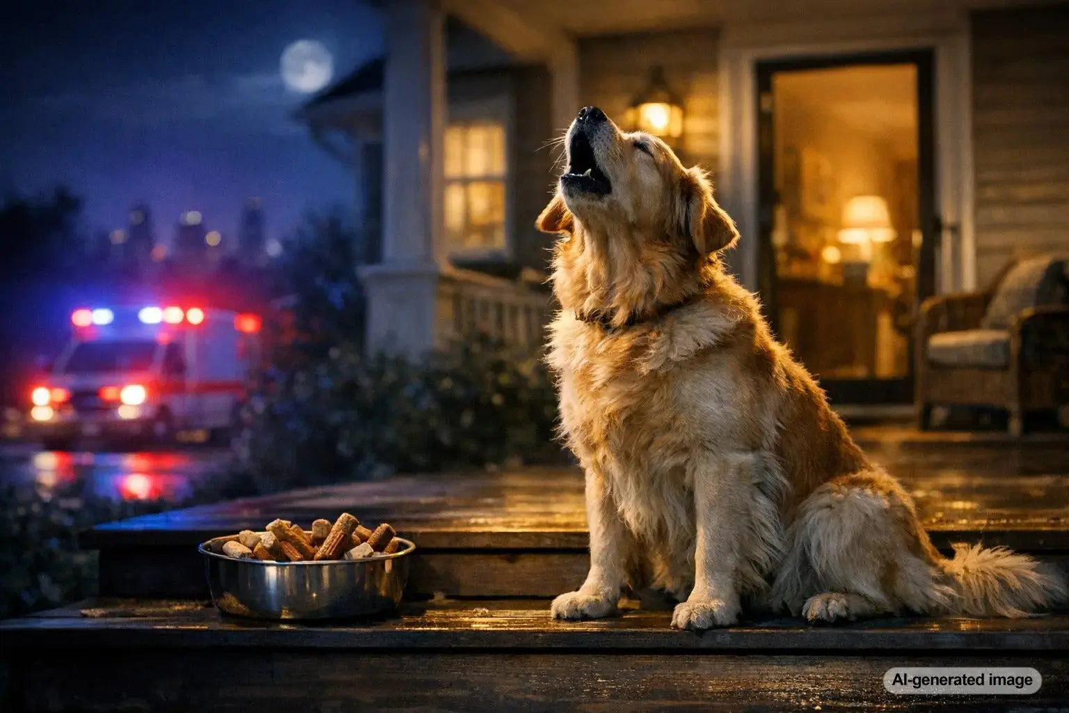 Dog howling at night in response to distant sirens under moonlight