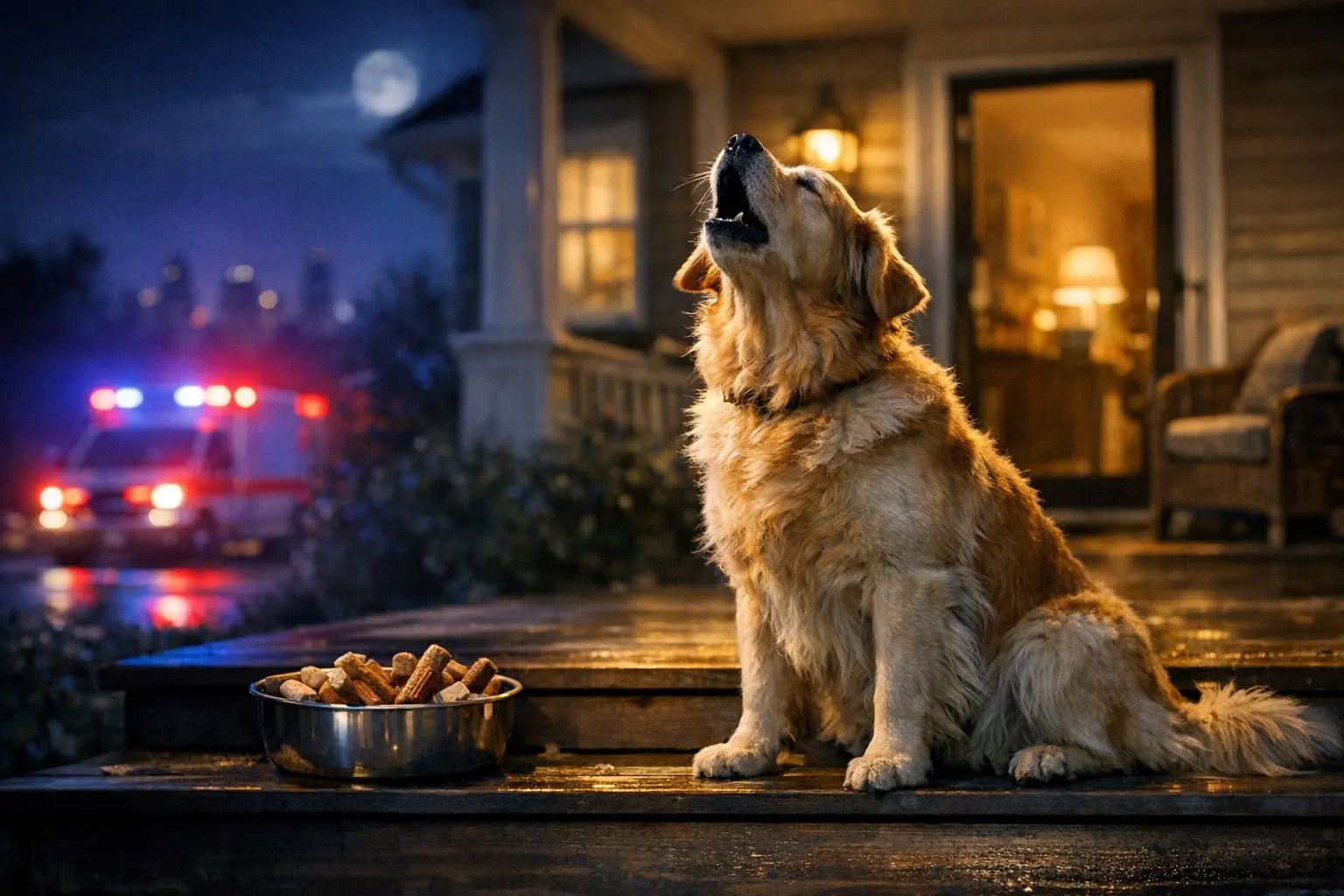 Dog howling at night in response to distant sirens under moonlight
