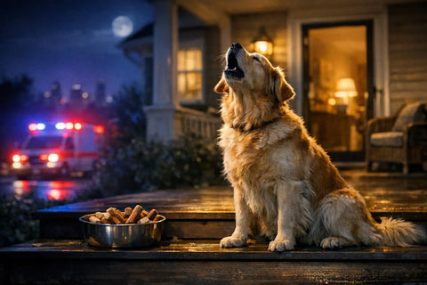 Dog howling at night in response to distant sirens under moonlight