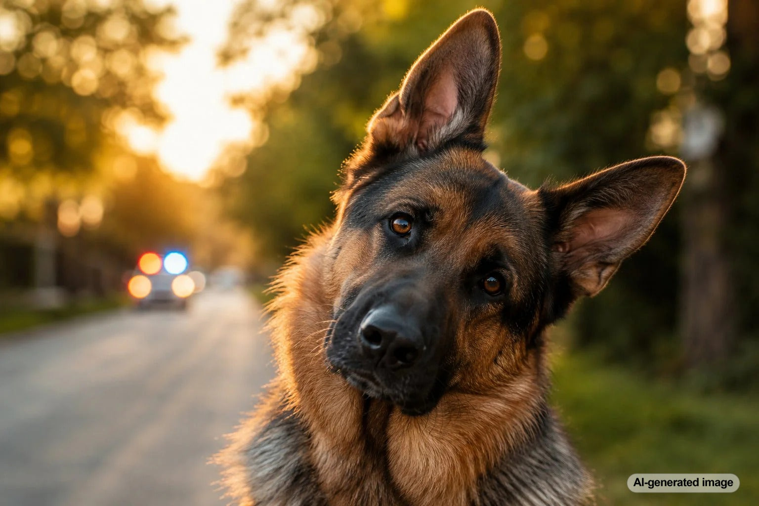 German Shepherd tilting its head while listening to a siren