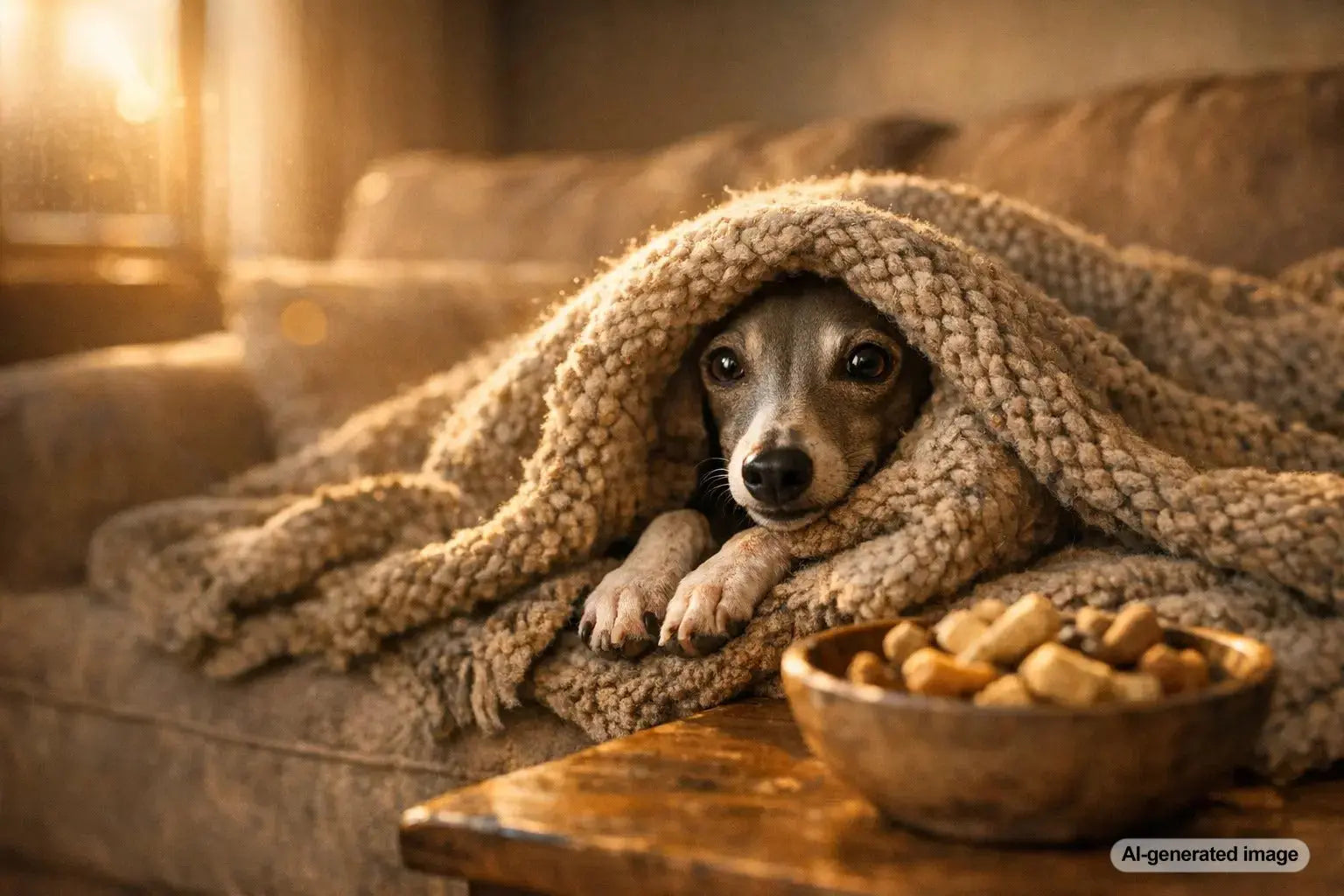 Italian Greyhound burrowed under a cozy blanket at home