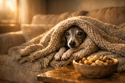 Italian Greyhound burrowed under a cozy blanket at home