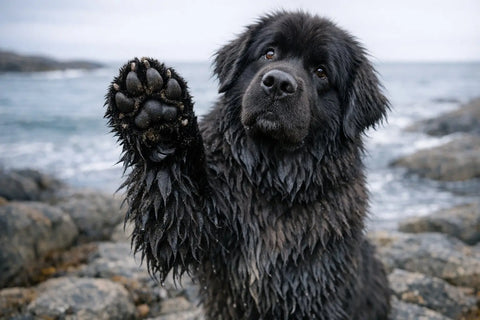 Newfoundland dog standing near water showing webbed feet designed for swimming