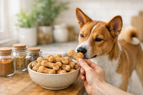 Dog sniffing cinnamon spice and treats