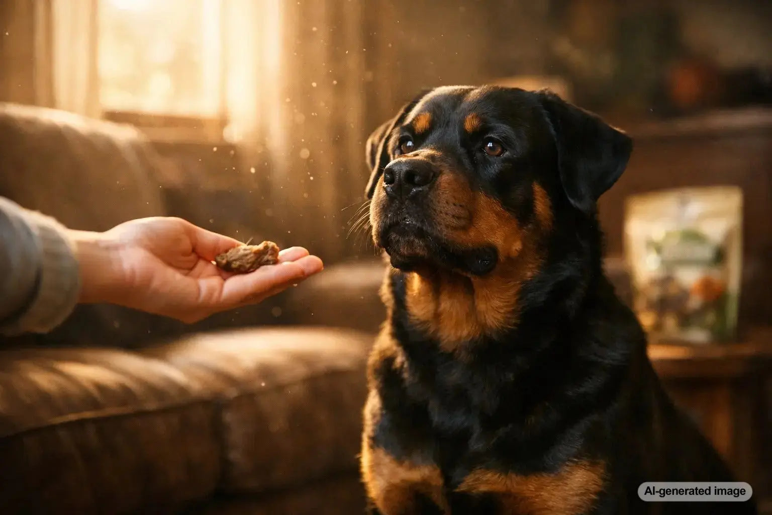 Rottweiler calmly training with treats to reduce resource guarding behavior