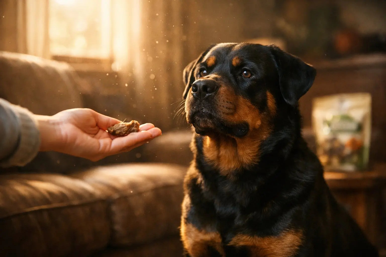 Rottweiler calmly training with treats to reduce resource guarding behavior
