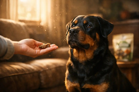 Rottweiler calmly training with treats to reduce resource guarding behavior