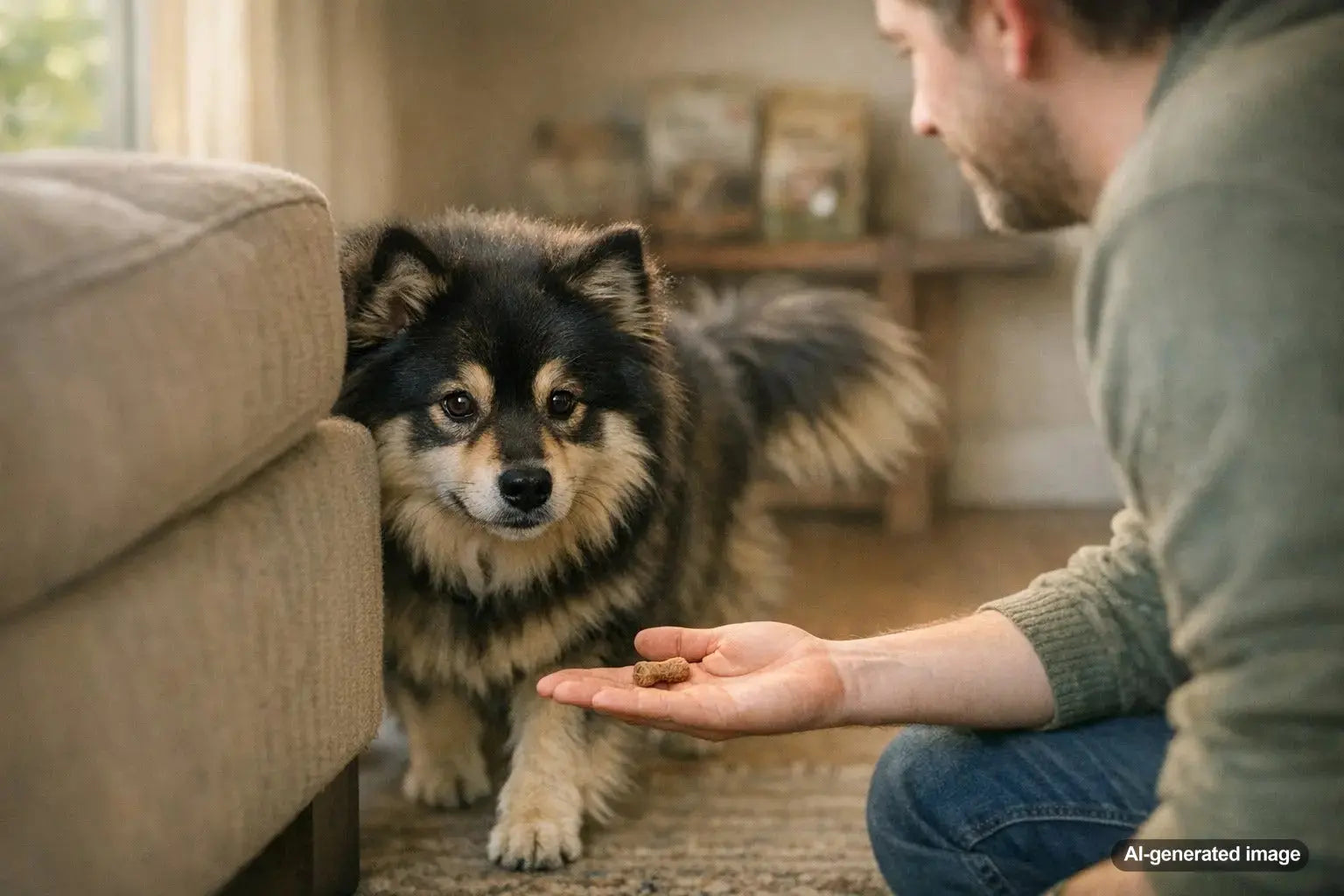 A shy dog gaining confidence with gentle treat training outdoors