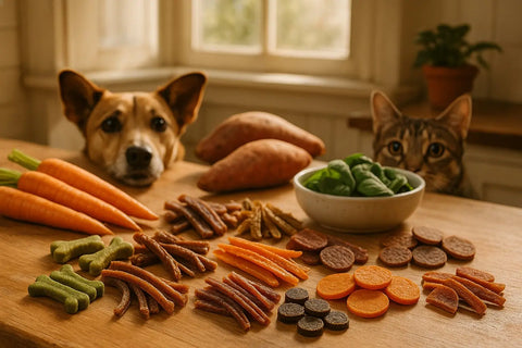 An assortment of Plato Pet Treats showcasing air-dried products rich in vitamins and minerals