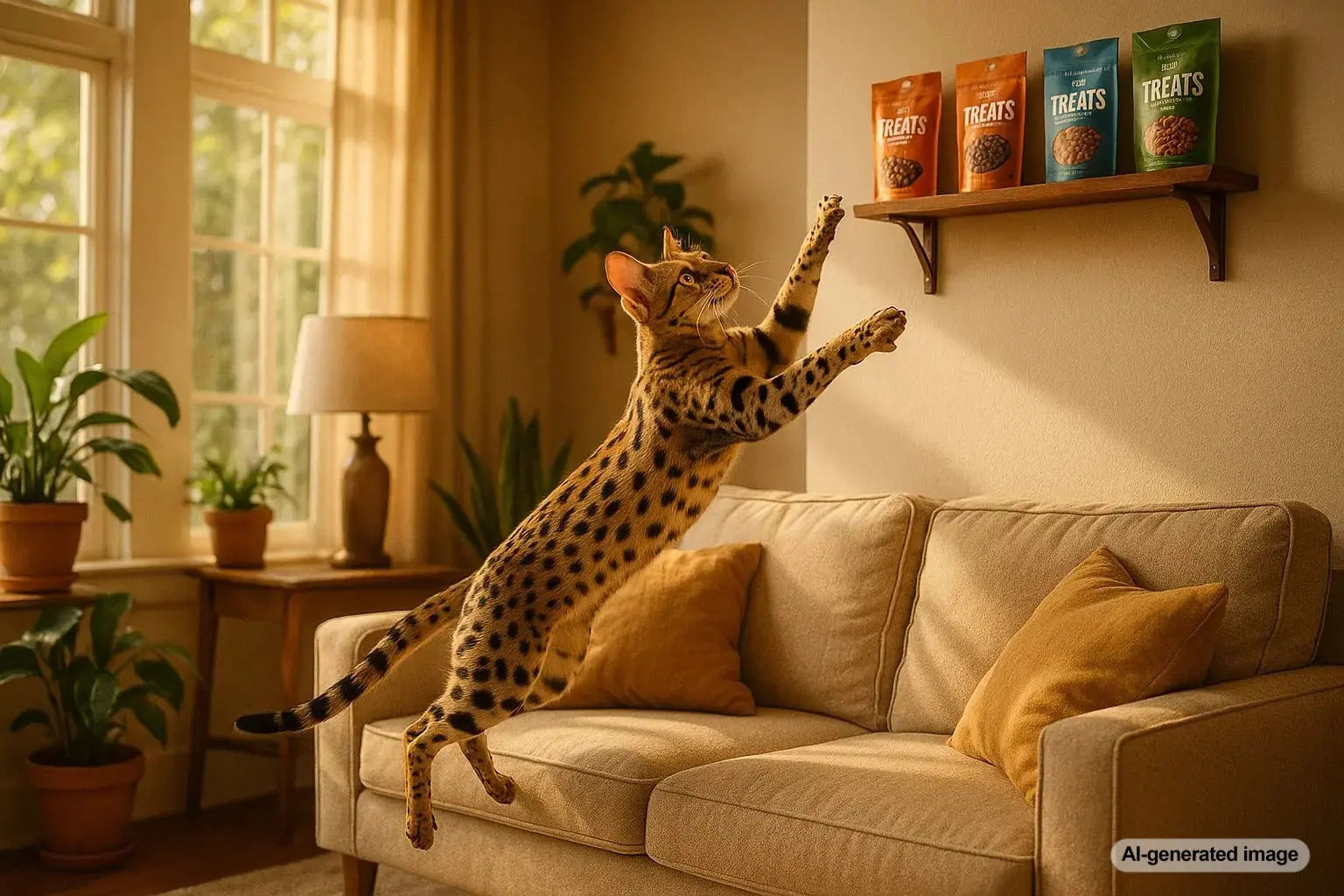 Savannah cat perched high showcasing athletic build and curiosity
