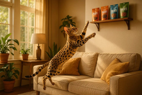 Savannah cat perched high showcasing athletic build and curiosity