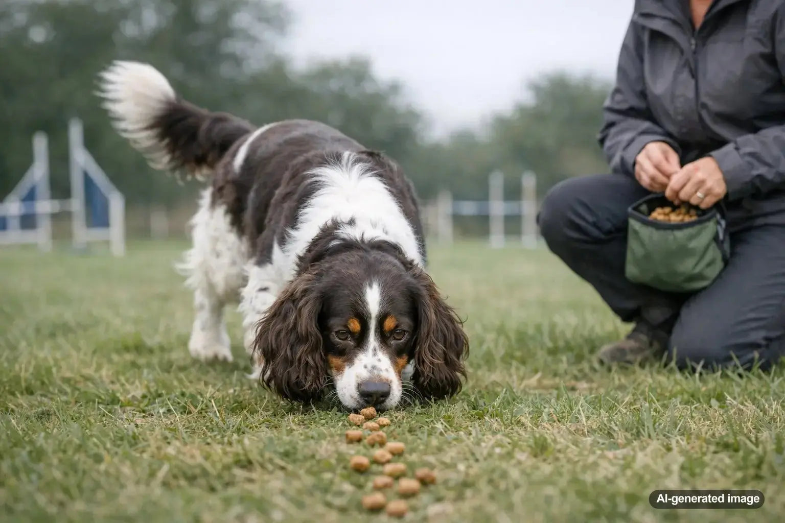 English Springer Spaniel sniffing treats during scent discrimination training on grass