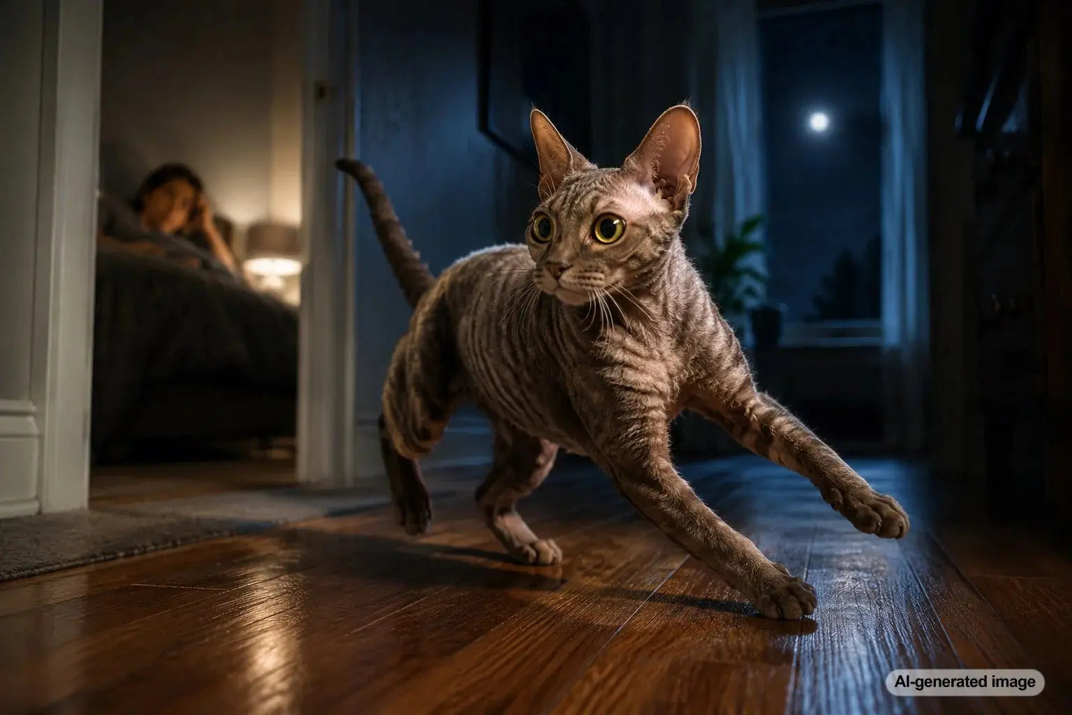 Playful cat sprinting through the house during nighttime zoomies