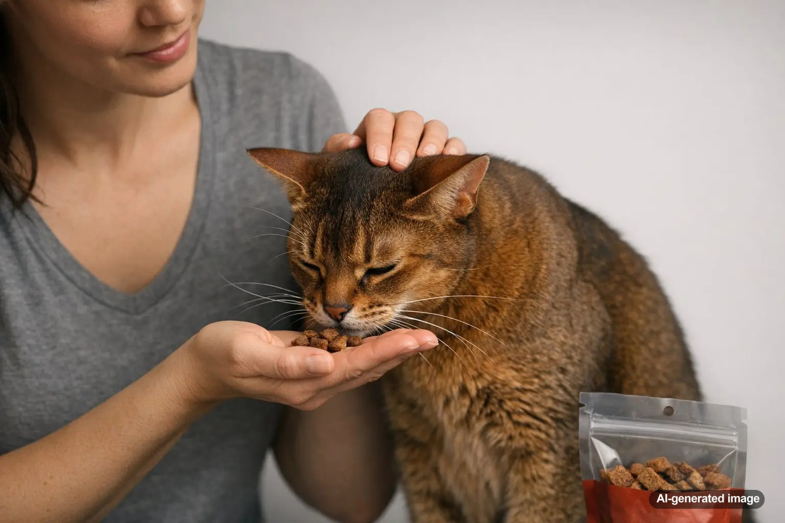 Curious cat eating from a shallow dish to illustrate the science of a cat's whisker fatigue