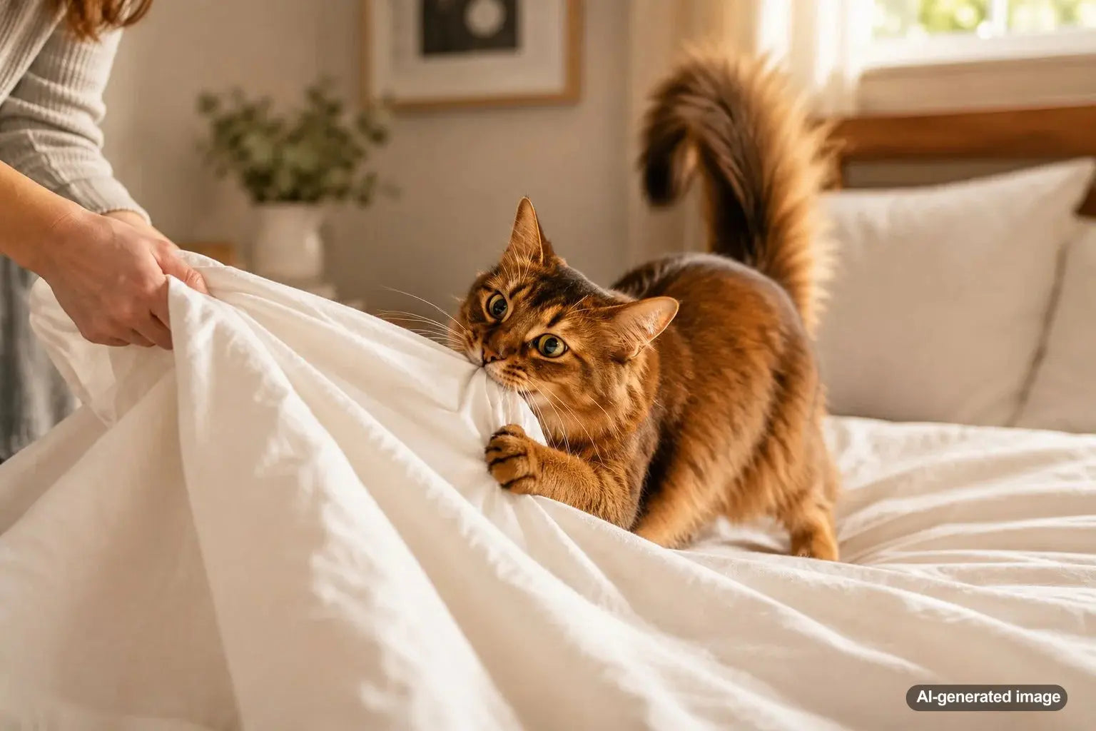 Playful helper cat making it difficult for a pet owner to make the bed