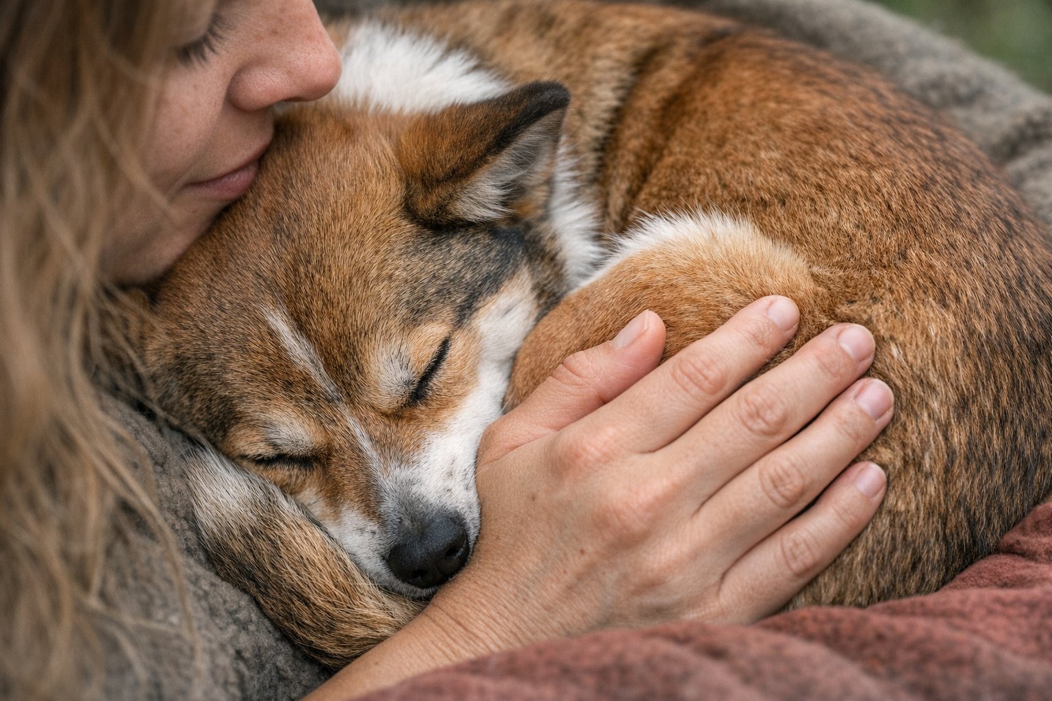 Dog curled up sleeping comfortably and staying warm