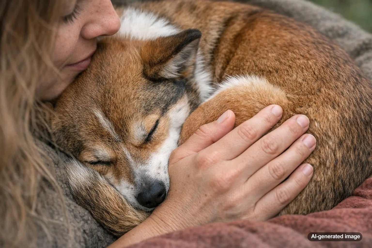 Dog curled up sleeping comfortably and staying warm