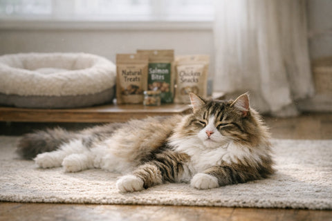 Cat relaxing and sunbathing in a warm summer sunbeam indoors