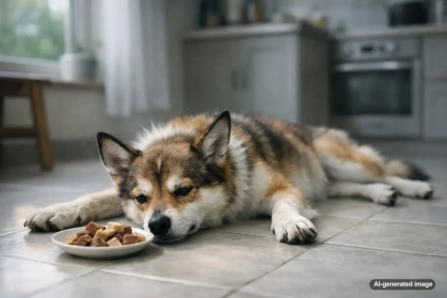 Dog sprawled comfortably on cool tile floor to regulate body temperature