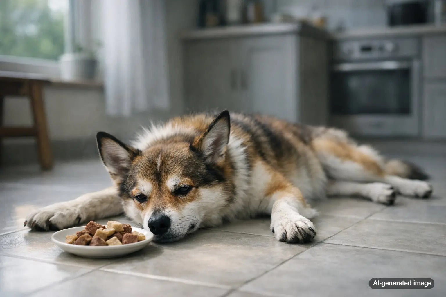 Dog sprawled comfortably on cool tile floor to regulate body temperature