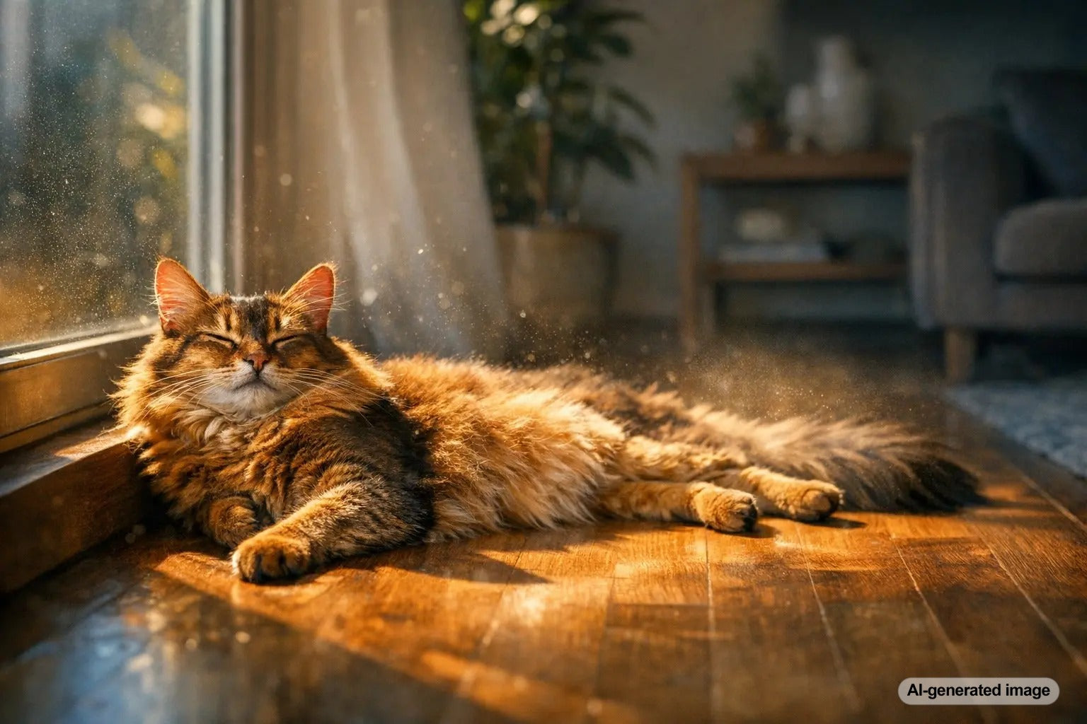 Cat relaxing in a warm sunny spot by the window enjoying natural heat and comfort