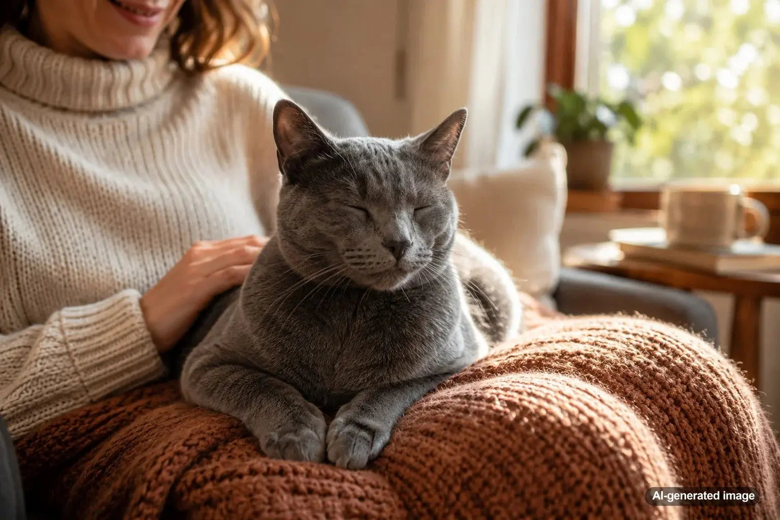 A cozy cat relaxing on a warm lap while illustrating the thermal science of cat lap-sit timing