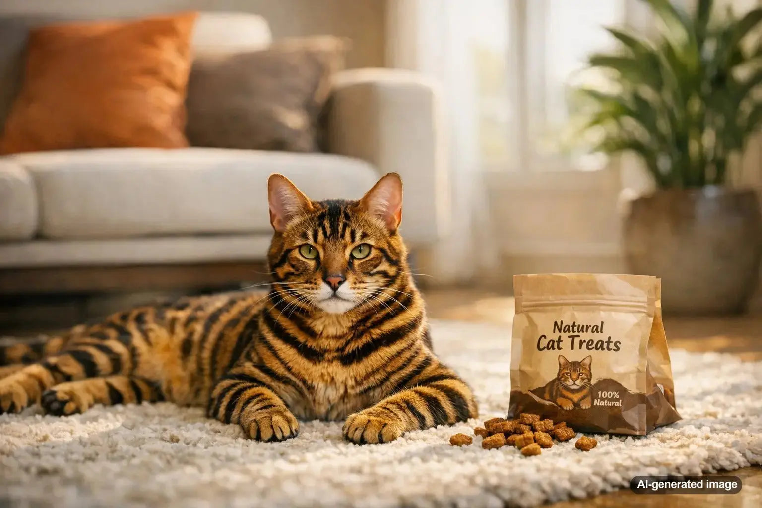 Toyger cat with bold tiger stripes relaxing indoors