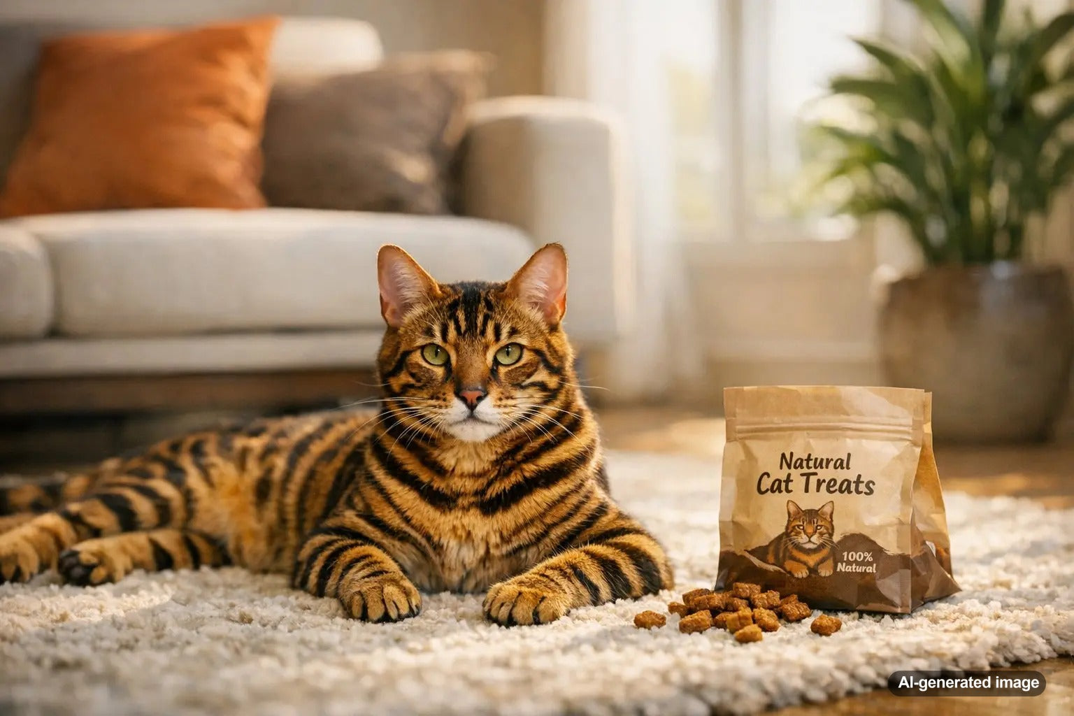 Toyger cat with bold tiger stripes relaxing indoors