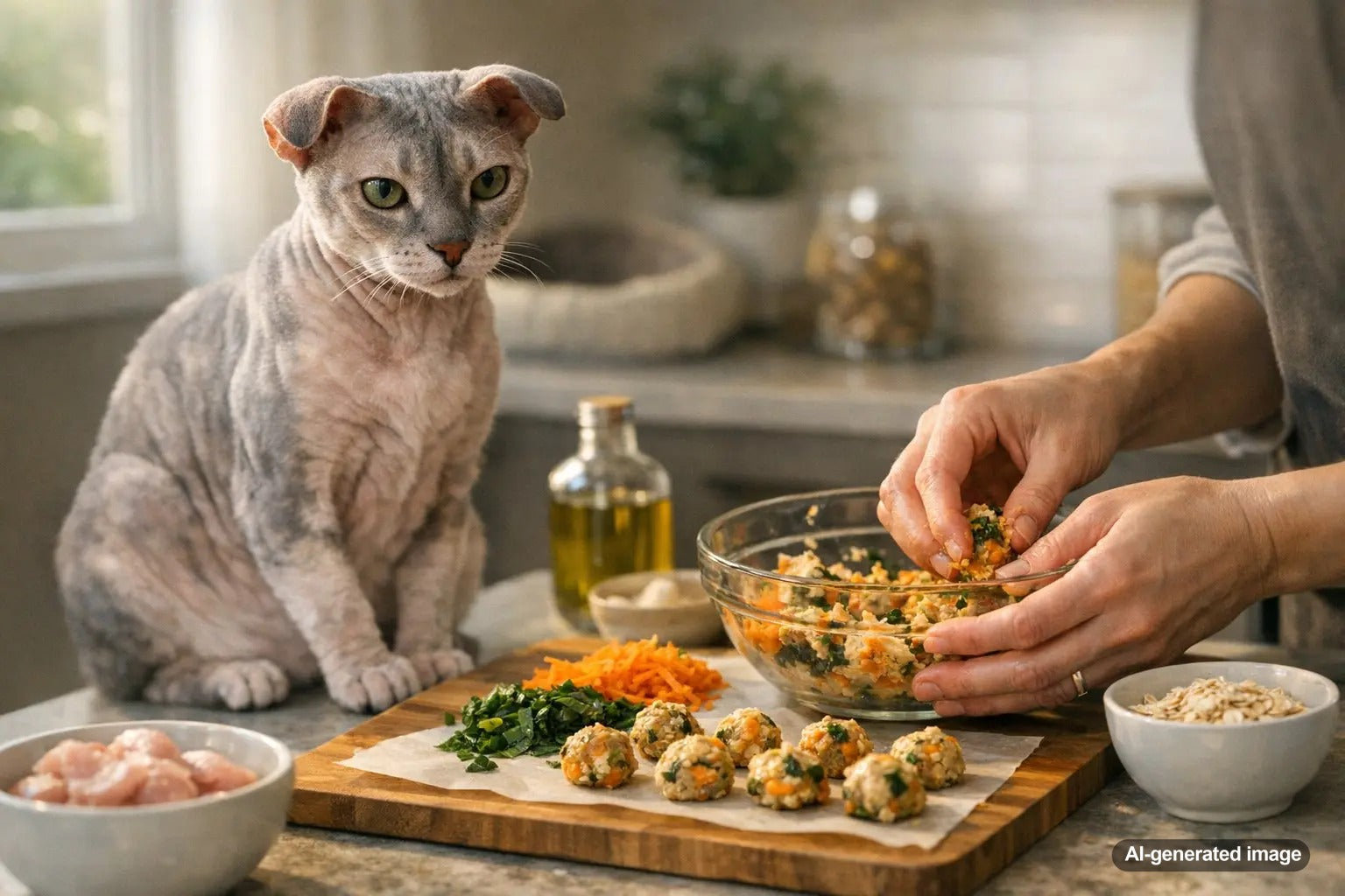 Ukrainian Levkoy hairless cat with folded ears lounging indoors