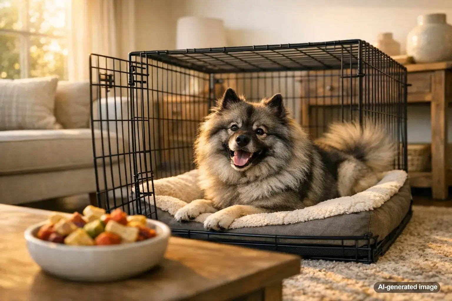 Dog resting comfortably in crate during training