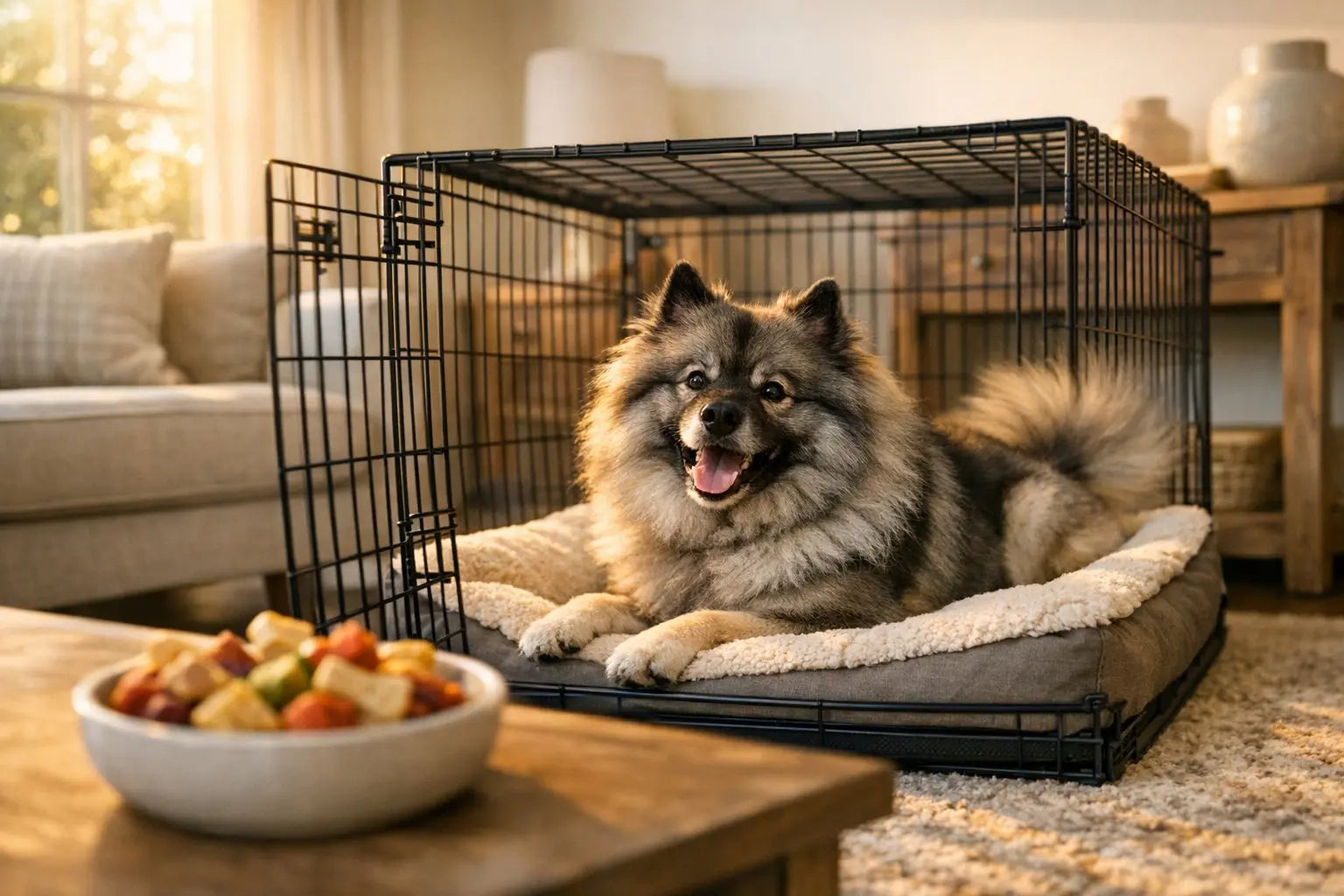 Dog resting comfortably in crate during training