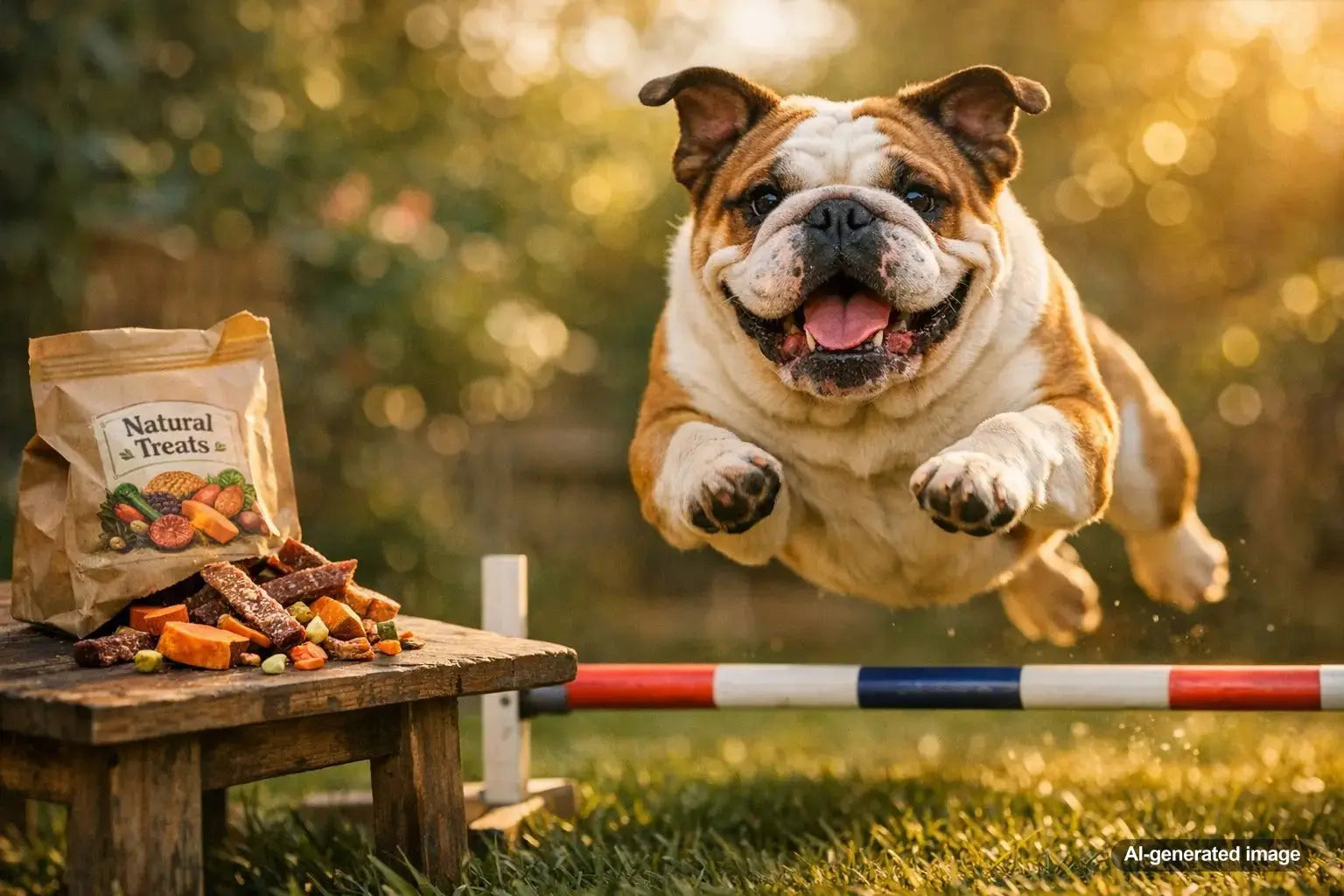 English Bulldog leaping over a low agility bar outdoors beside a table of dog treats