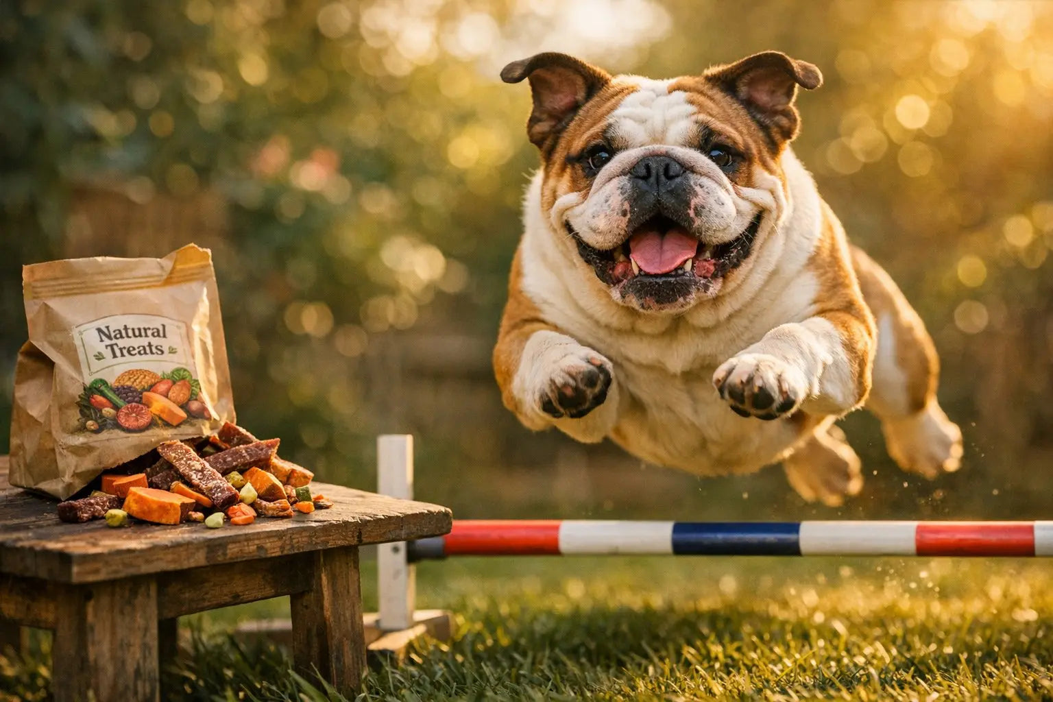 English Bulldog leaping over a low agility bar outdoors beside a table of dog treats