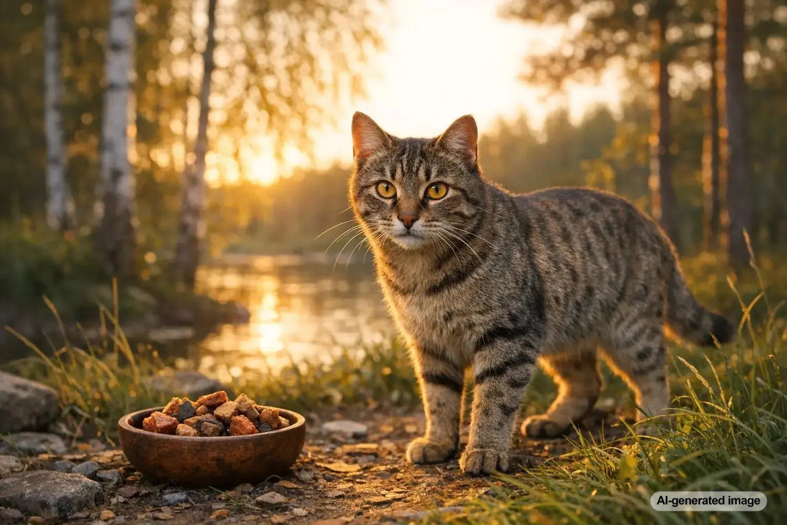 Wild-resembling tabby cat outdoors near a bowl of treats at sunset
