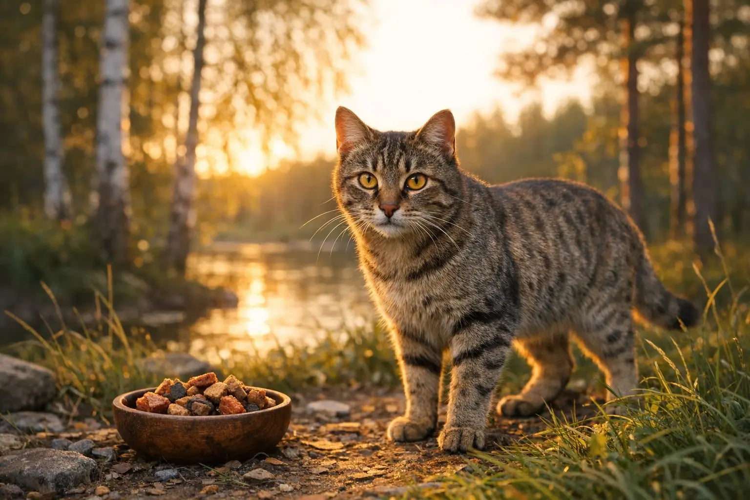 Wild-resembling tabby cat outdoors near a bowl of treats at sunset