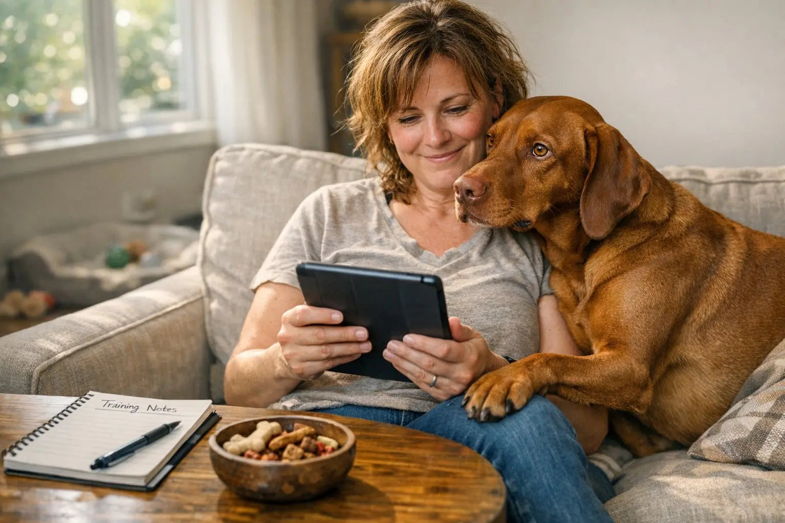 Vizsla dog relaxing at home illustrating velcro dog behavior and calm training routines