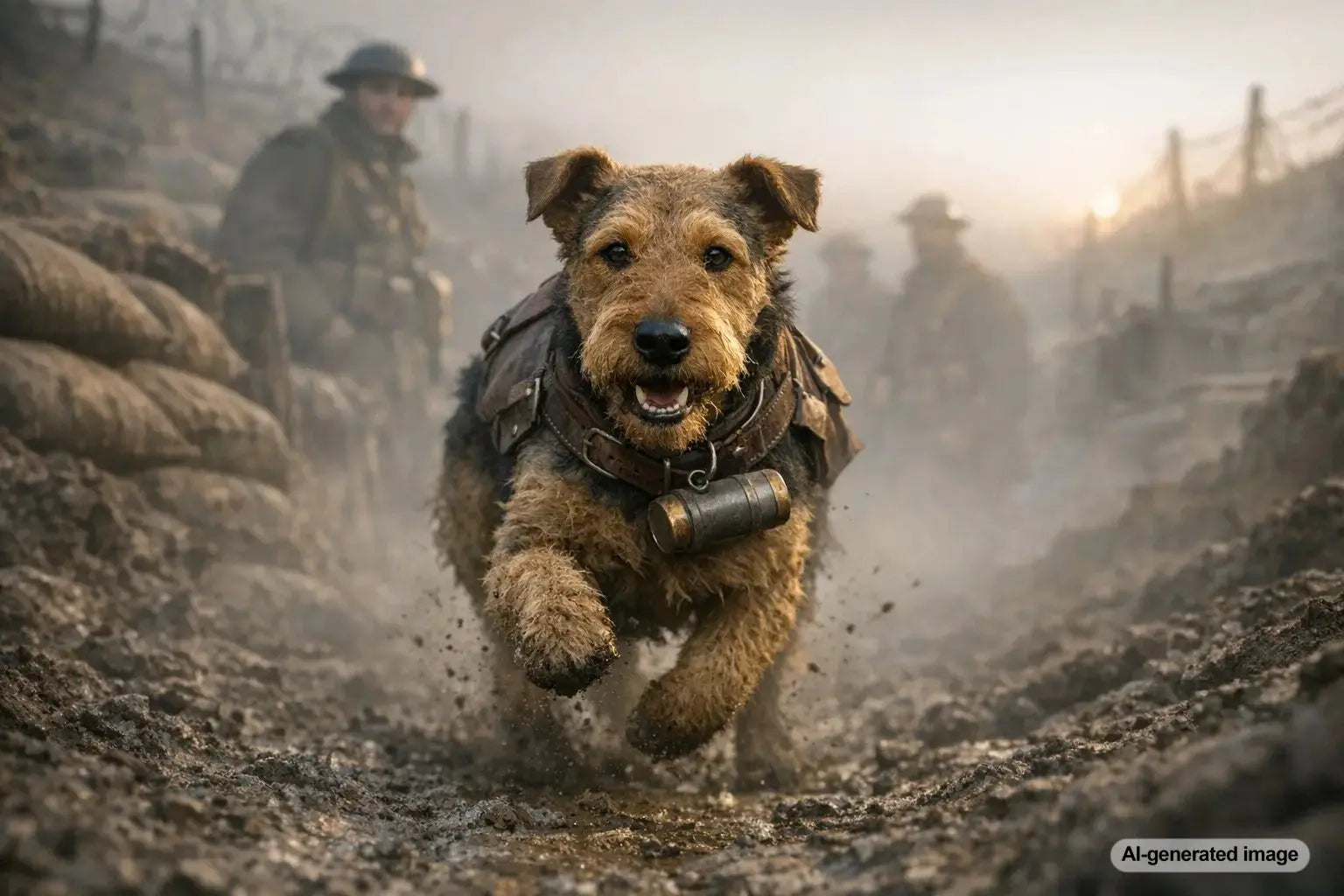 Airedale Terrier wartime messenger dog standing bravely in a historical battlefield setting