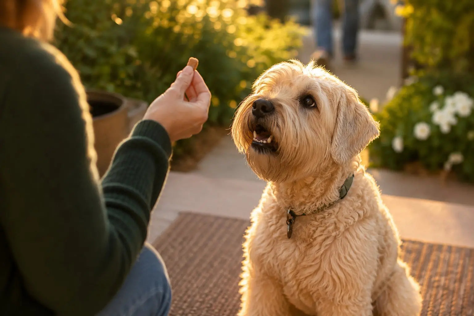 Happy Wheaten Terrier greeting guests calmly with help from positive reinforcement training