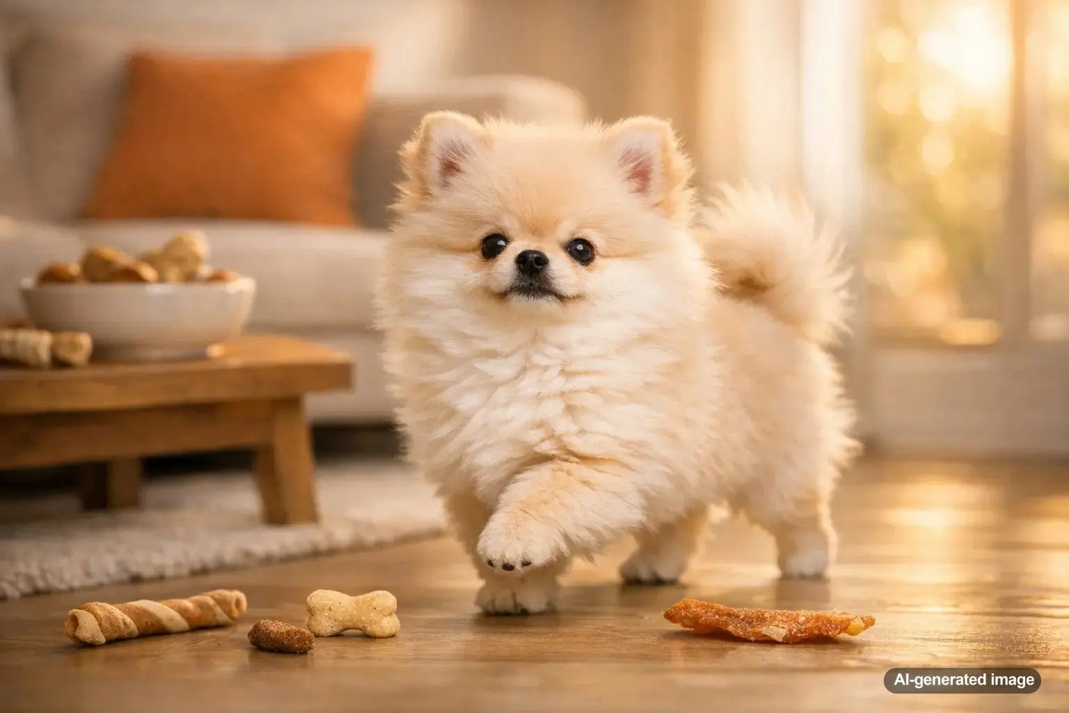 Cream Pomeranian puppy standing proudly indoors with Plato Pet Treats on the floor