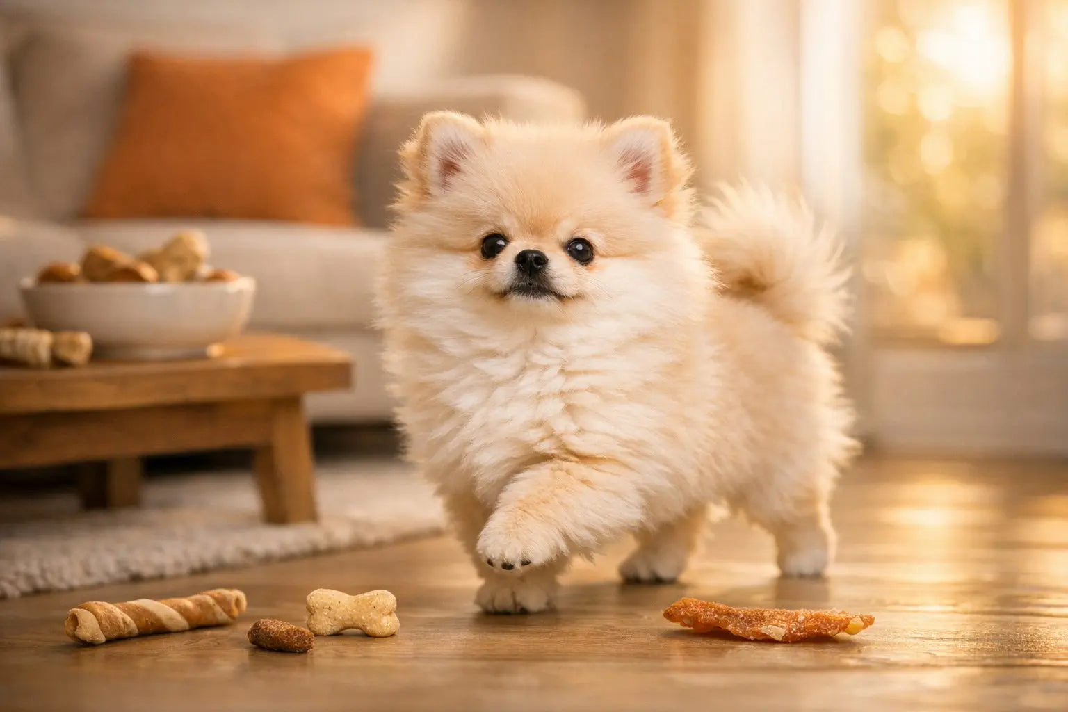 Cream Pomeranian puppy standing proudly indoors with Plato Pet Treats on the floor