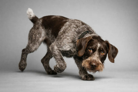 German Wirehaired Pointer practicing off-leash training and scent work outdoors