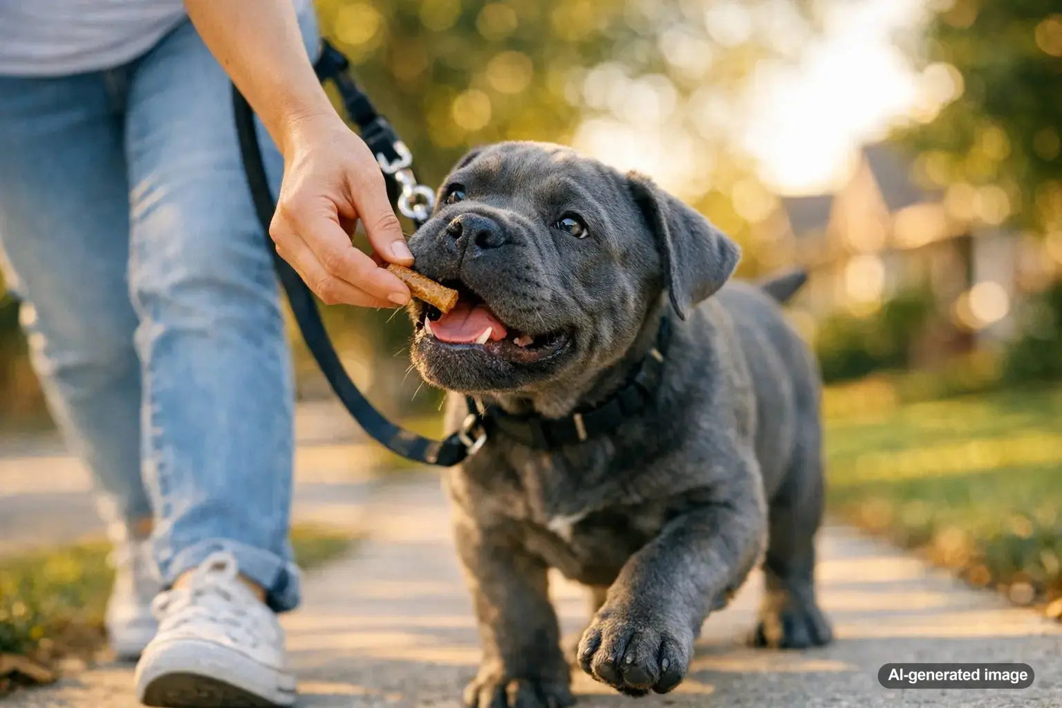 Cane Corso puppy walking on a leash while receiving a small training treat outdoors